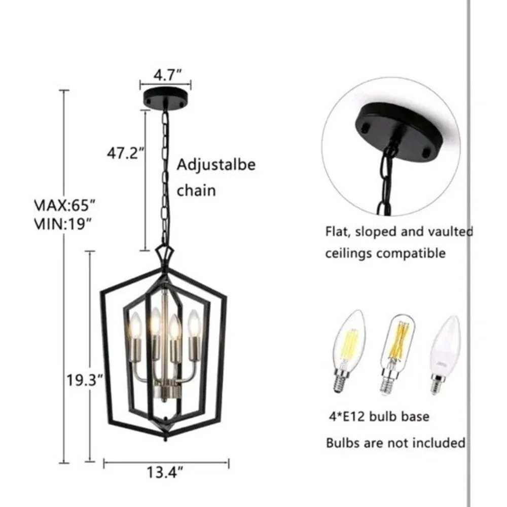 4-Light Black Farmhouse Chandelier Light Fixture‎ Iron Lantern Pendant Light